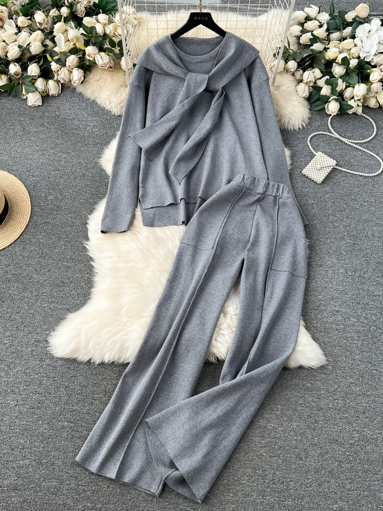 

Autumn Winter Casual Knitt 3 Piece Sets Ladies Loose Scarf Pullovers+Wide Legs Long Pants American Solid Homewear Sweater Suits
