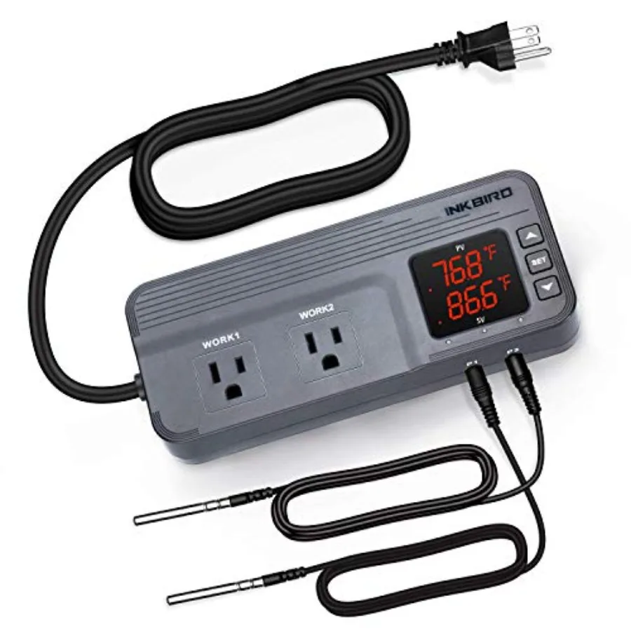 

ITC-608T Temperature Controller with Dual Temperature Sensor AC Dual Stage Outlet Thermostat with 12 Period Time Stage 1800W ET