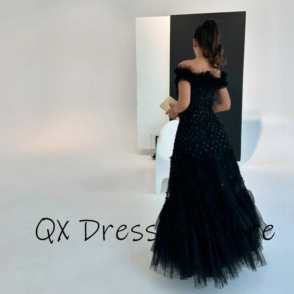 Customized Black Off the SHoulder Crystal Tulle Evening Dresses Backless A-line Ruched Floor Length Pageant Prom Gowns Elegant