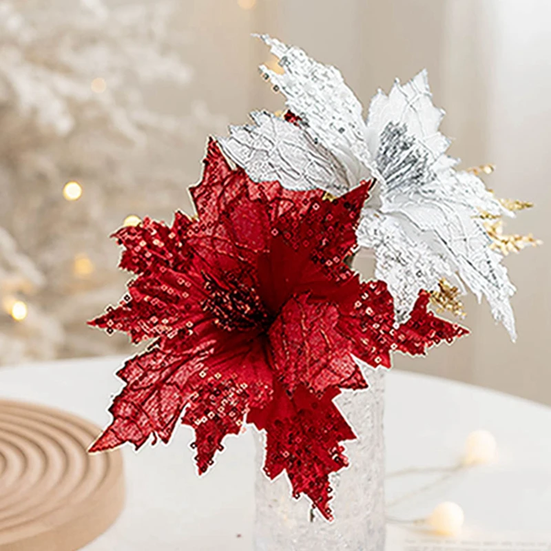 2025 Artificial Christmas Flower Gold Silver Christmas Tree Decoration Xmas Gifts New Year Home Table Vase Christmas Decor Home