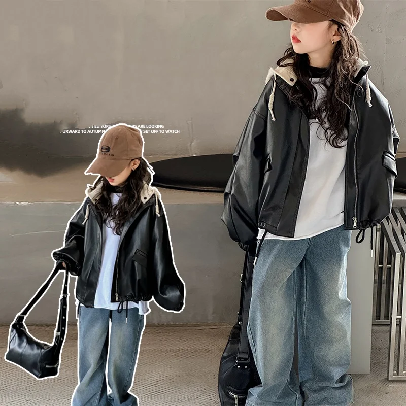 

Kids PU Leather Jacket Ages 4-14Y Girls Spring Autumn Casual Fashion Coat Tween Girl Vintage Outwear Child Korean Style Jacket