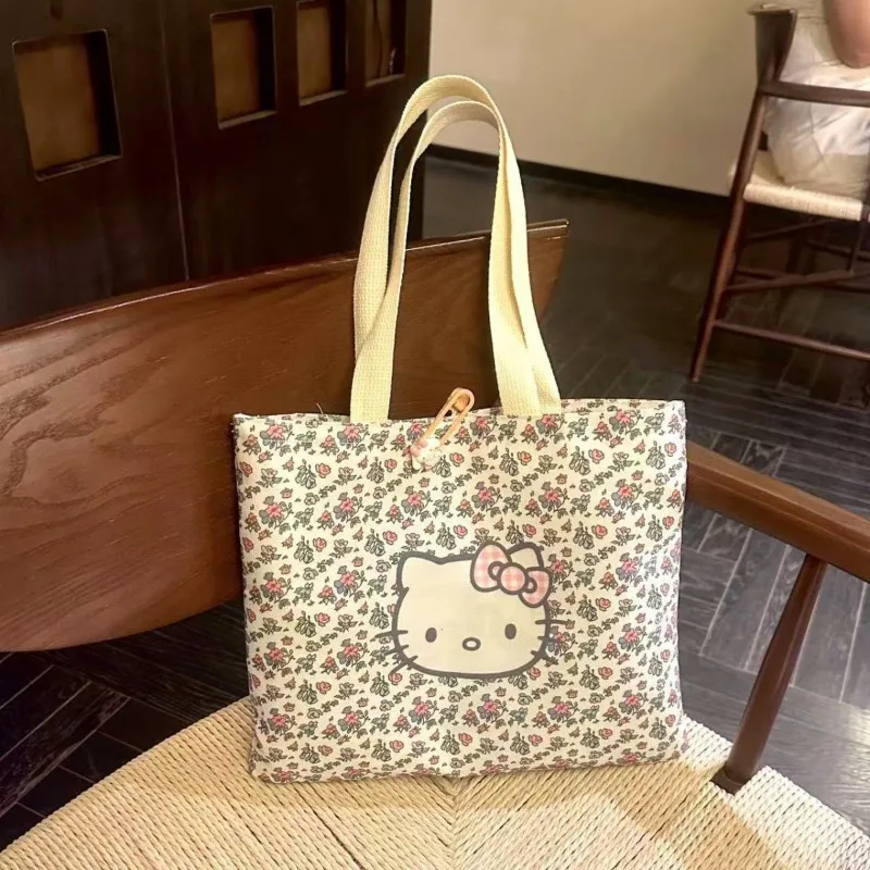 

Hello Kitty Storage Bag Anime Floral Cute Canvas Women Accessories Versatile Large Capacity Single Shoulder Girl Gift Wholesale