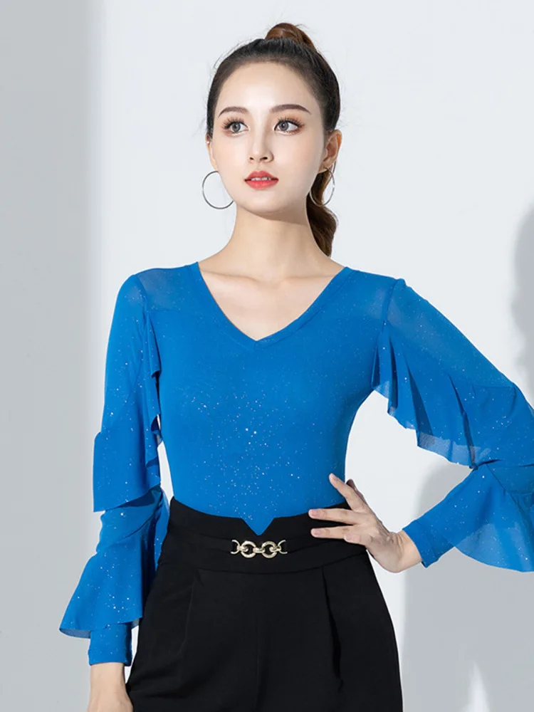 Costume da ballo latino a maniche lunghe svolazzante con pannello in rete da donna, camicetta in pizzo trasparente aderente elasticizzato, costume da salsa per spettacoli teatrali