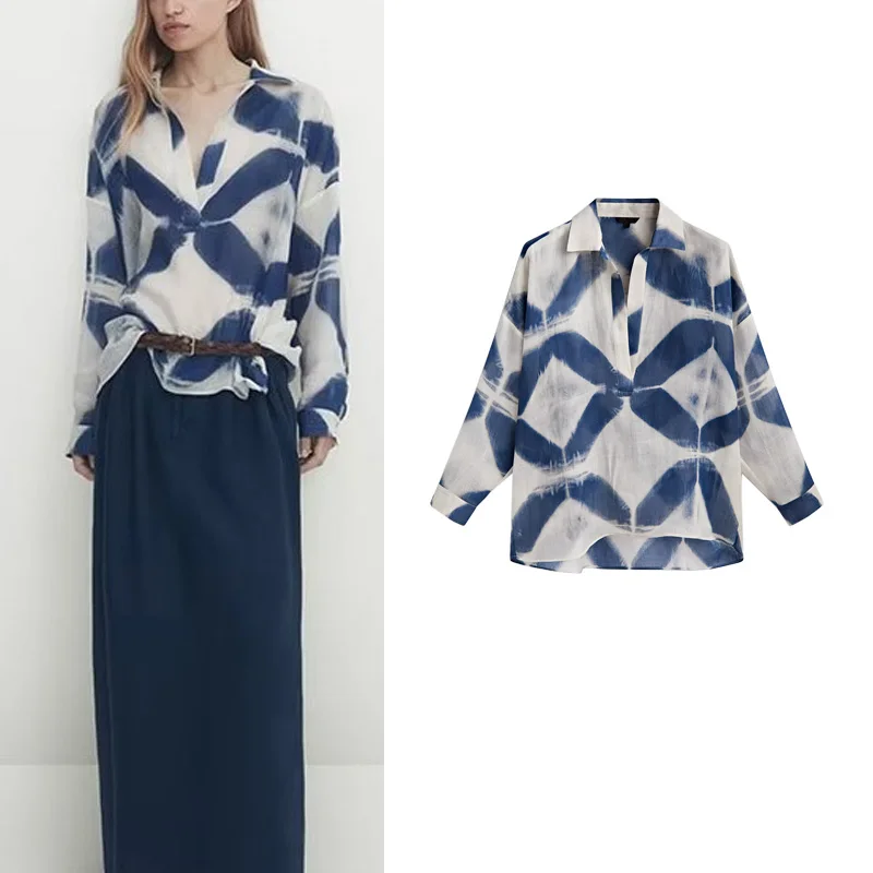 

Blue Printed Long Sve Ne Linen irt Artistic Sensation MD Women's New Faion Commute Sle Polyester Fiber irt