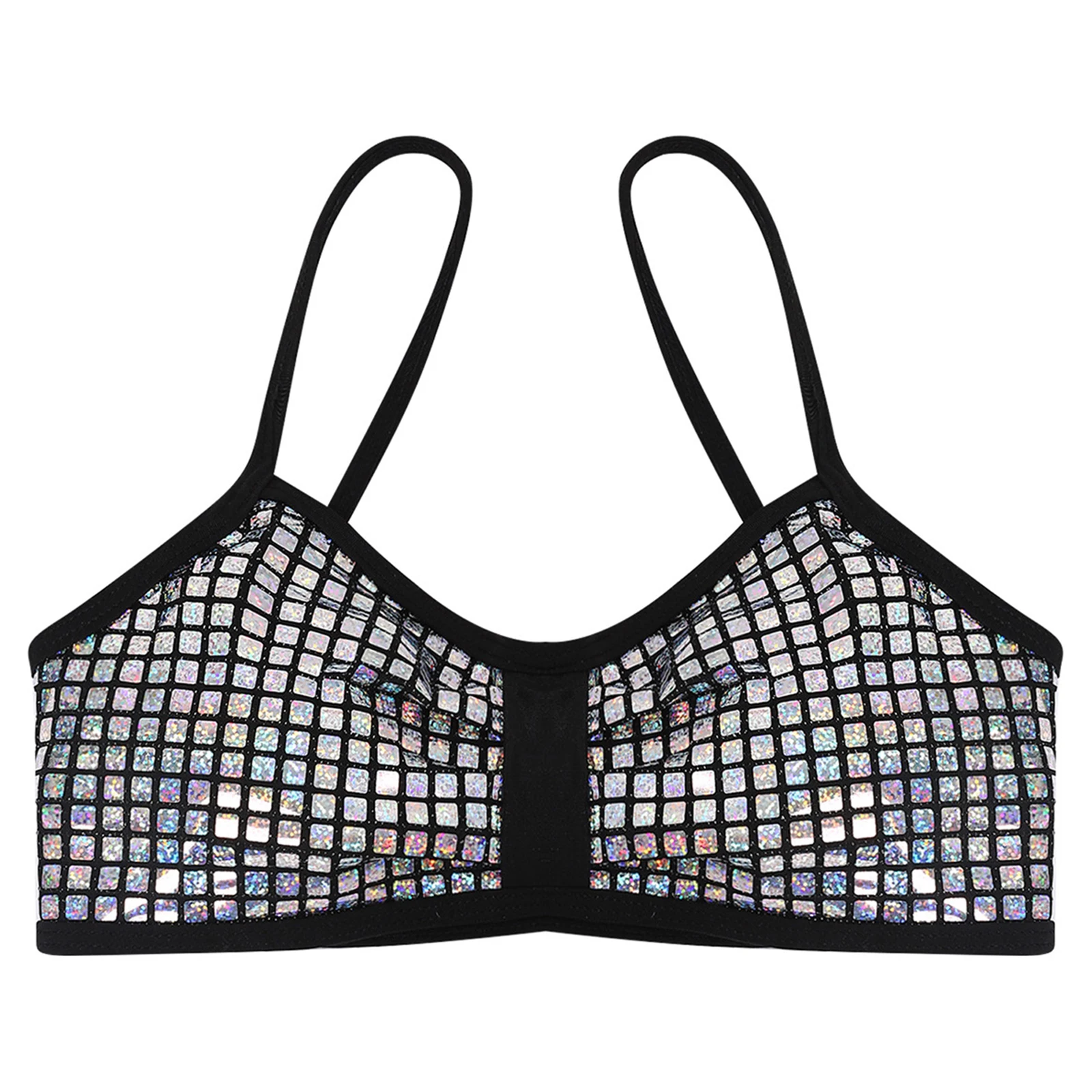 Womens Glittery Sequin Bra Tops Bikini Camisole Adjustable Straps Removable Chest Pads Crop Vest Tank Top for EDM Festival Night