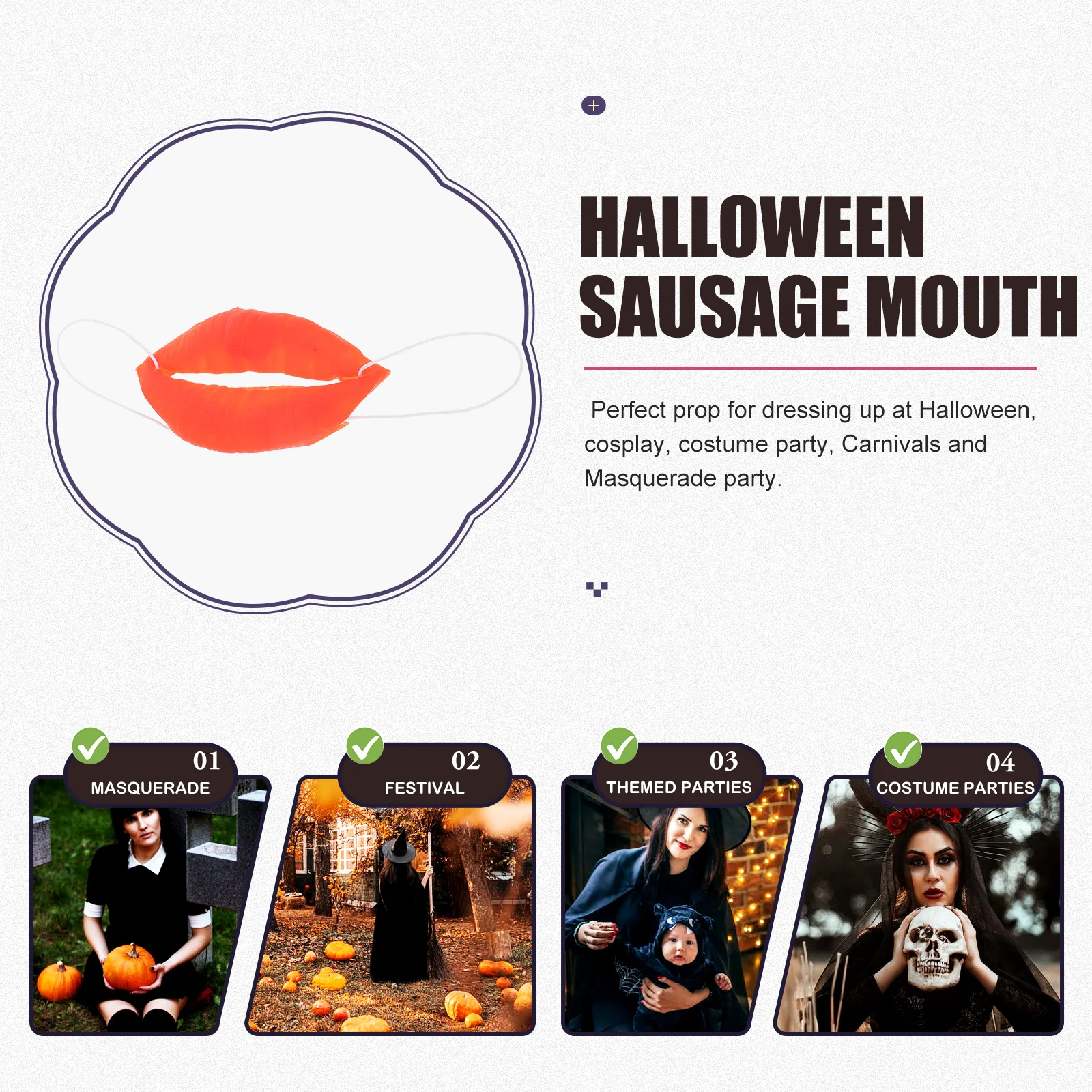 4 Pcs Performance Big Mouth Halloween Costumes Red Lip Prop Funny Bratwurst Sausage Facial Cosplay Props Tricky