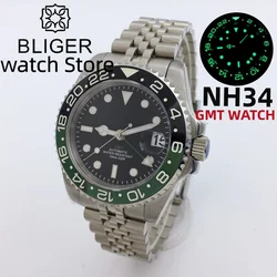 BLIGER 40mm NH34 GMT Watch For Men Mechanical Wristwatch Luminous Bezel Sapphire Glass Stainless Steel Bracelet Reloj Hombre