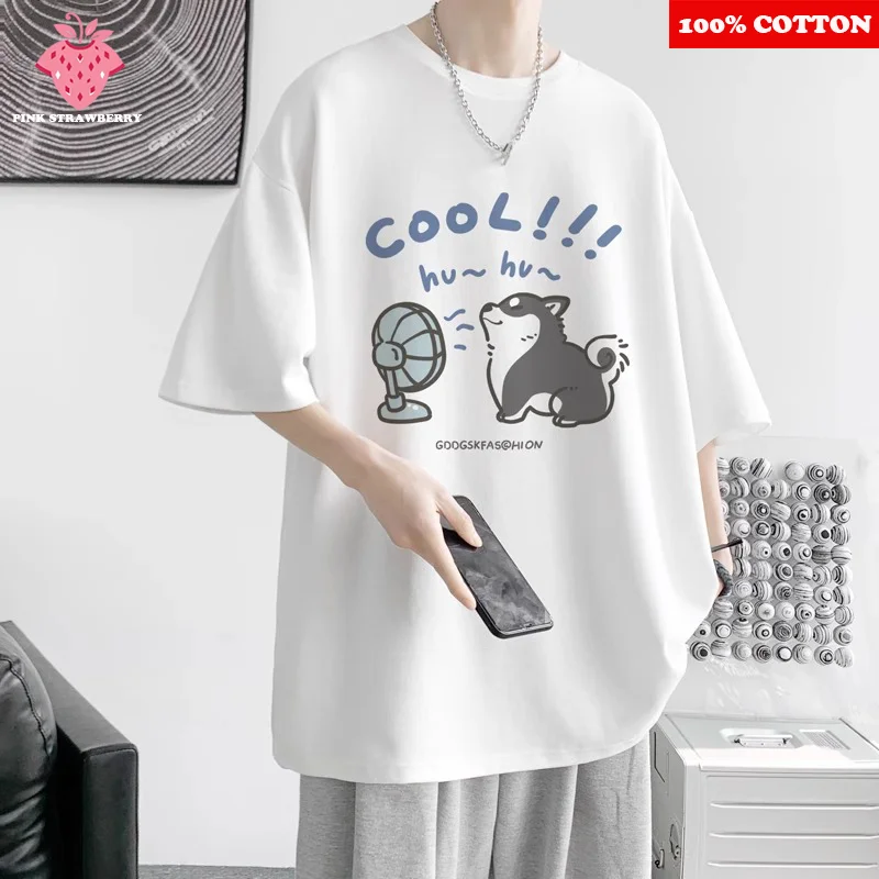 

Cartoon Cute Dog Print T-shirt Men's Summer 2025 New 100% Cotton Short sleeve T-shirt Loose Casual Y2k Tops Youth Male clothing