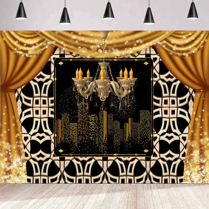 Great Gatsby Photography Backdrop Golden Curtain Vintage Chandelier Background Wall Retro Roaring 20s Photo Shoot Studio Props