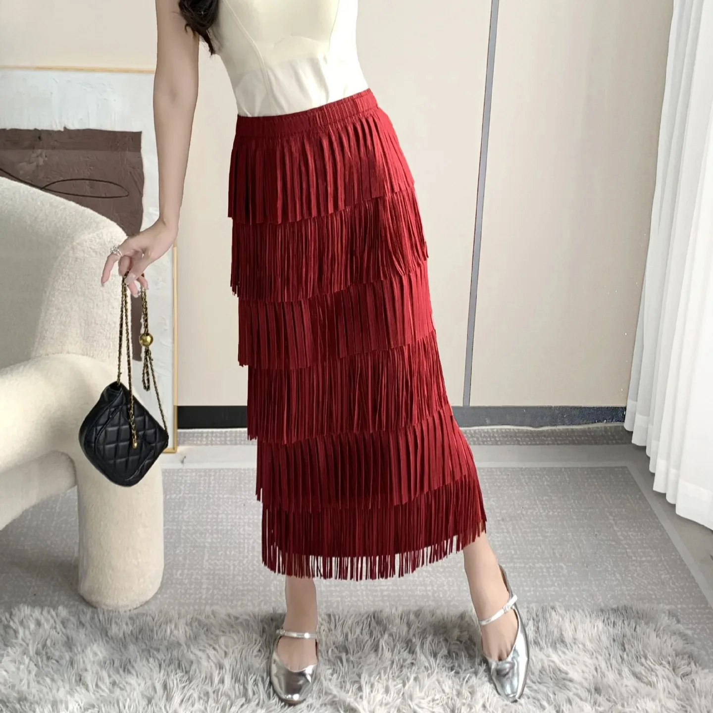 ALSEY Pleated Women's Half Skirt Niche Solid Tassel Design Fashion Skirt High Waist Vintage Slim Pleated Skirt 2024 Autumn New