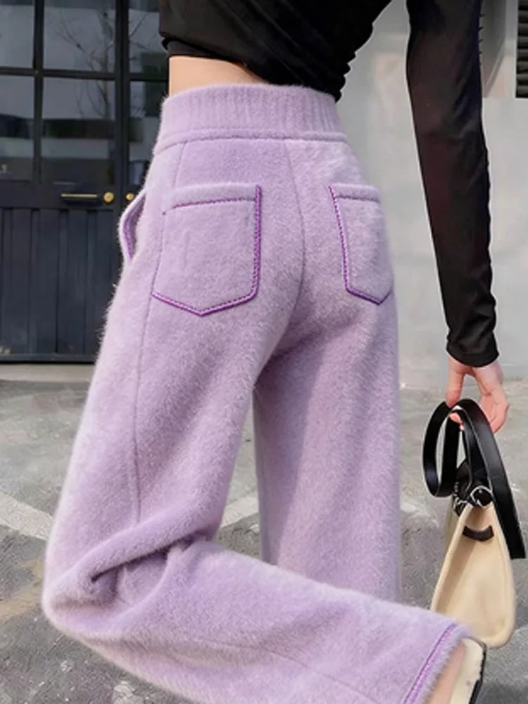 

Winter Women's Purple Slimming Drapey Straight Leg Pants High Waist Furry Wide Leg Casual Pants Lazy Sle Thiened