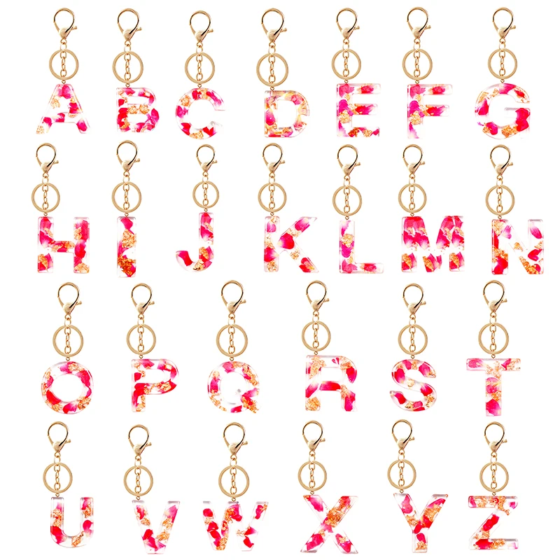 Exquisite Pink Dry Rose Flower Resin 26 Initial Letters Keychain Pendant A To Z Keyring For Women Valentine's Day Gift