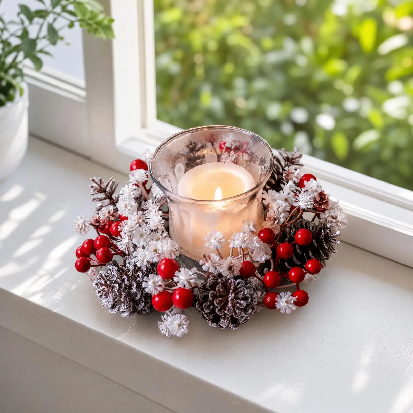 Festive Candle Ring Wreath Artificial Floral Centerpiece for Dining Table Coffee Table Christmas Display