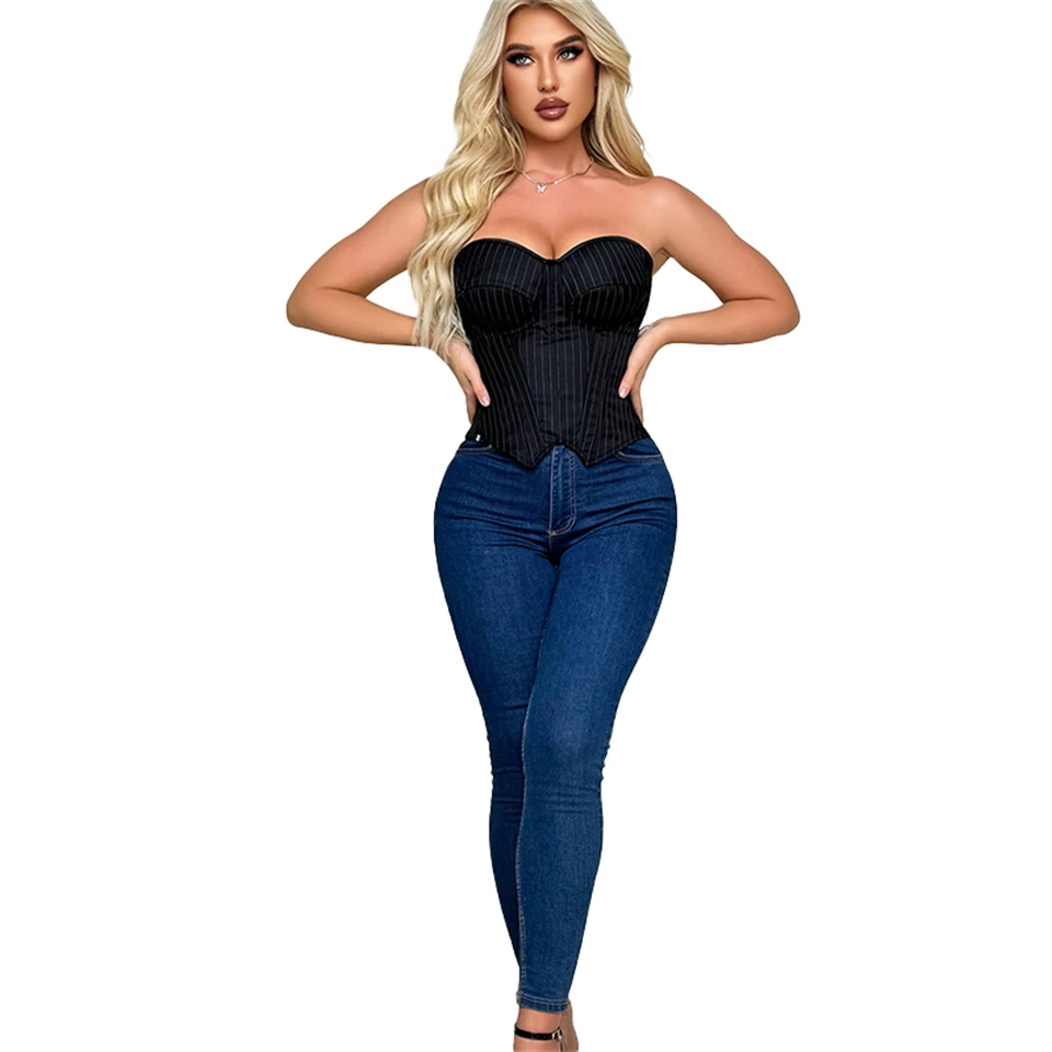 Becirzet Damen Overbust-Korsett mit Reißverschluss, gestreift, Schnür-Bustier, Taillenformer, Bauchkontrolle, Shapewear, Oberteil für Bürodamen – Detail 8