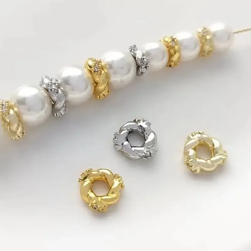 6PCS 5mm 6.5mm 14K White Gold Inlaid with Zircon Twist Bead Garland Spacer, Handmade Jewelry Accessories, C332, Light, 18K