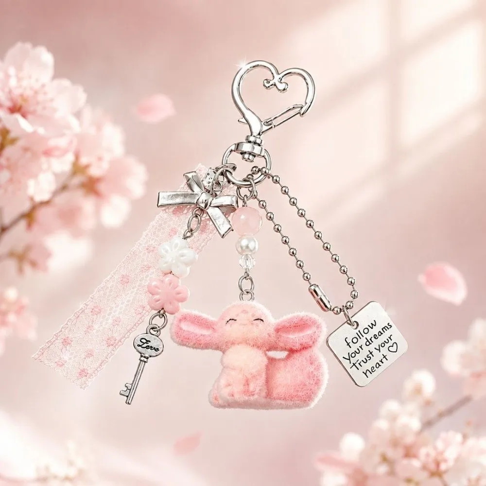 Portable Flocking Rabbit Keychain Lace Ribbon Handmade Bag Pendant Cartoon Phone Charms Chain