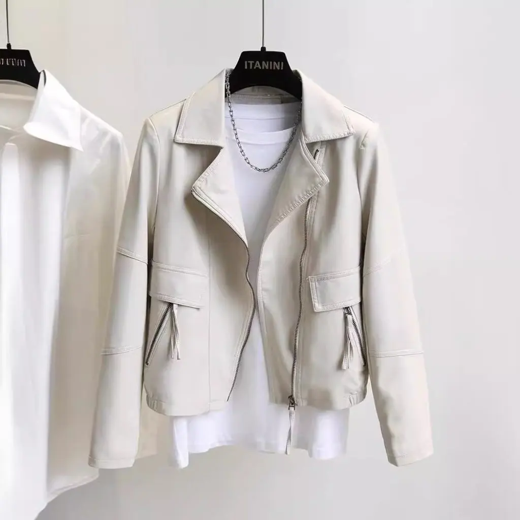 แจ็คเก็ตหนังสไตล์เกาหลีทรงหลวมแบบสั้น ปกพับได้ หนัง PU ลุคเท่ห์สไตล์ยุโรปอเมริกัน สำหรับผู้หญิง