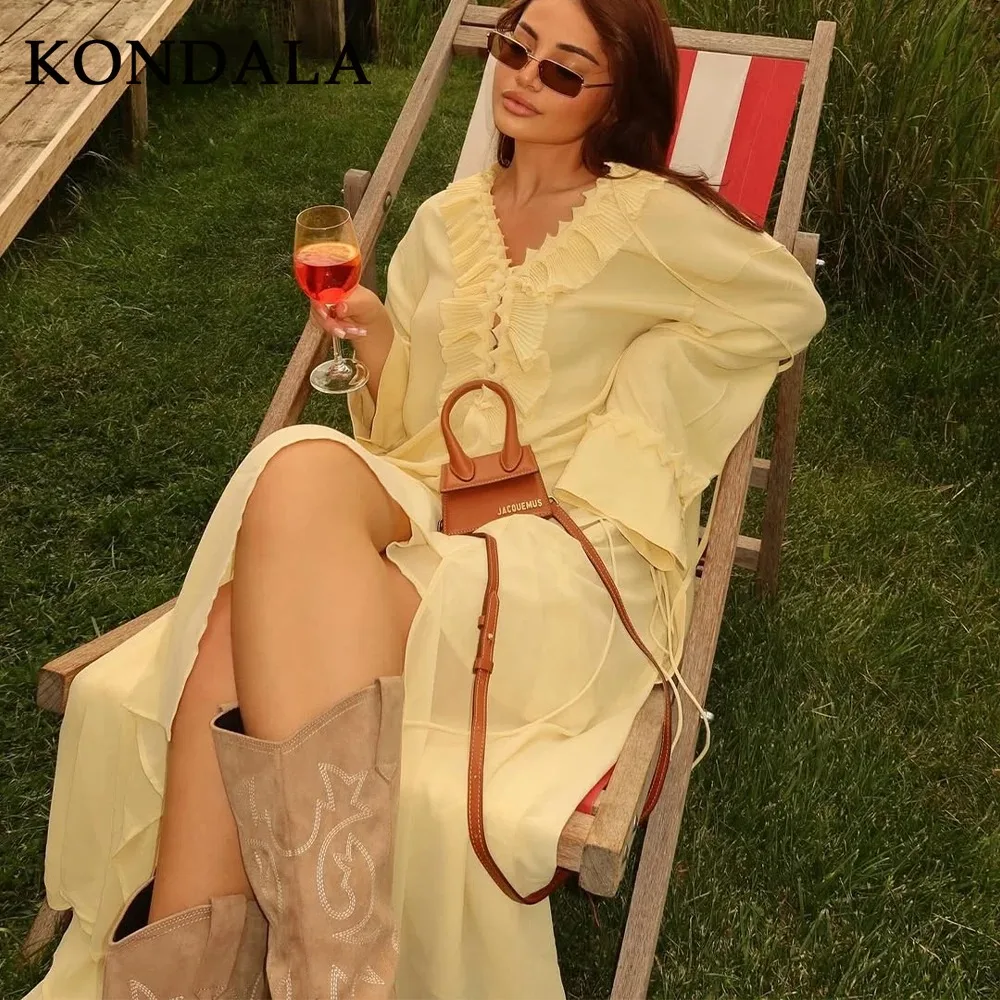 KONDALA 2025 الربيع الصيف عادية زبدة الأصفر النساء الدعاوى موضة الخامس الرقبة Ruched رقيقة قمصان شيك الرباط فضفاض سيدة التنانير