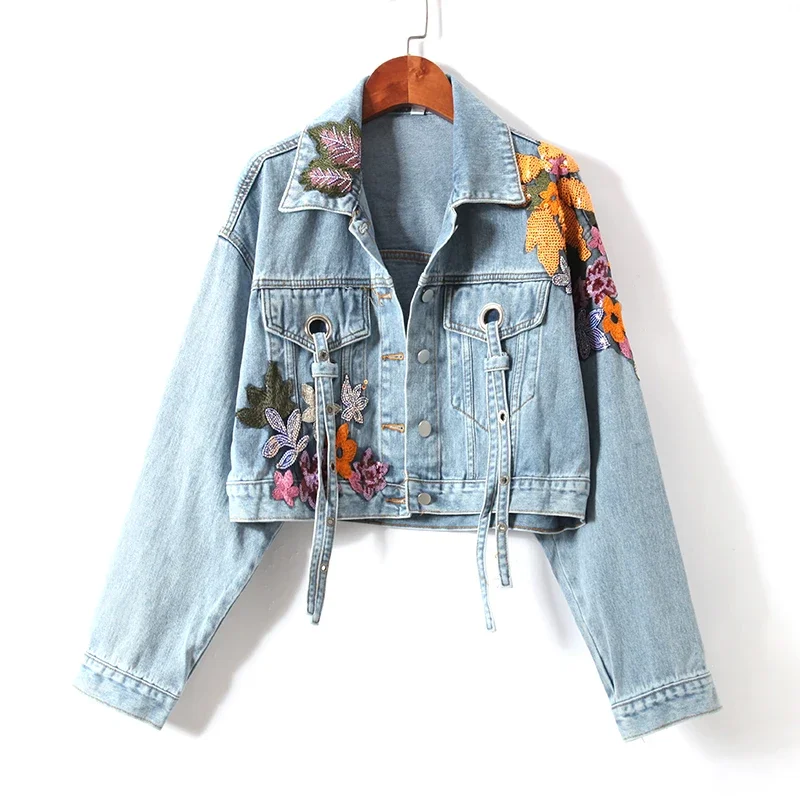 

Women Flowers Embroidered Sequined Denim Jacket Spring Autumn Floral Beading Jeans Coat Ribbons Cowboy Cardigan Tops Chaquetas