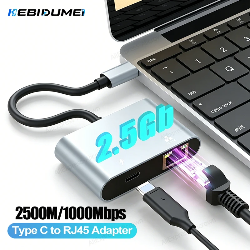 KEBIDUMEI 2.5Gbps USB C To RJ45 Ethernet Adapter Type-C 100W PD Charging Port 2500Mbps Gigabit Network Card Adapter for Laptop