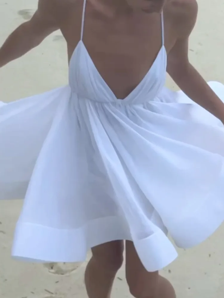 Minivestido acampanado con volantes y espalda descubierta para mujer, Vestido Sexy con cuello en V, sin mangas, plisado, para vacaciones en la playa, 2025