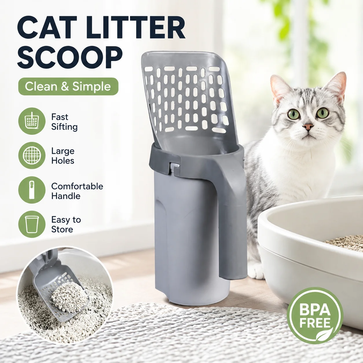 Lazy Cat Litter Scoop Set with Closed Storage Bin, 2-in-1 Sifting Poop Scooper for All Litter Types, No-Mess Pet Cleaning Kit