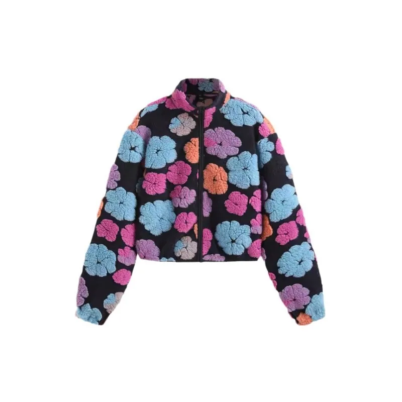 Women's Clothing Autumn Winter Coat Sweatshirt New Retro 3D Flowers Charm Loose Zipper Cardigan Coats Streetwear Short Jacket