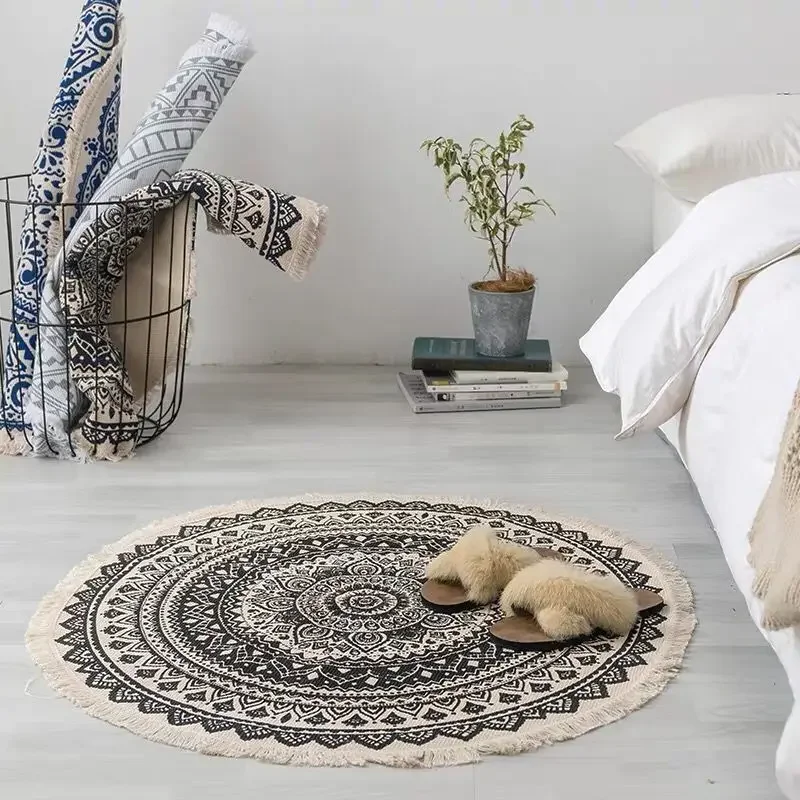 Round Rugs and Carpets for Home Living Room Nordic Ethnic Style Cotton and Linen Floor Mats Boho Retro Handmade Carpets Bedroom