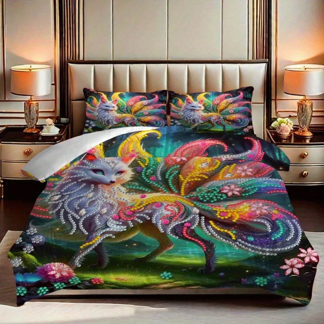 2/3pcs Nine-tailed Fox Fairy Printed Quilt Cover Set, HD Digital Printed Quilt Cover Set Contains Quilt Cover and Pillowcase -