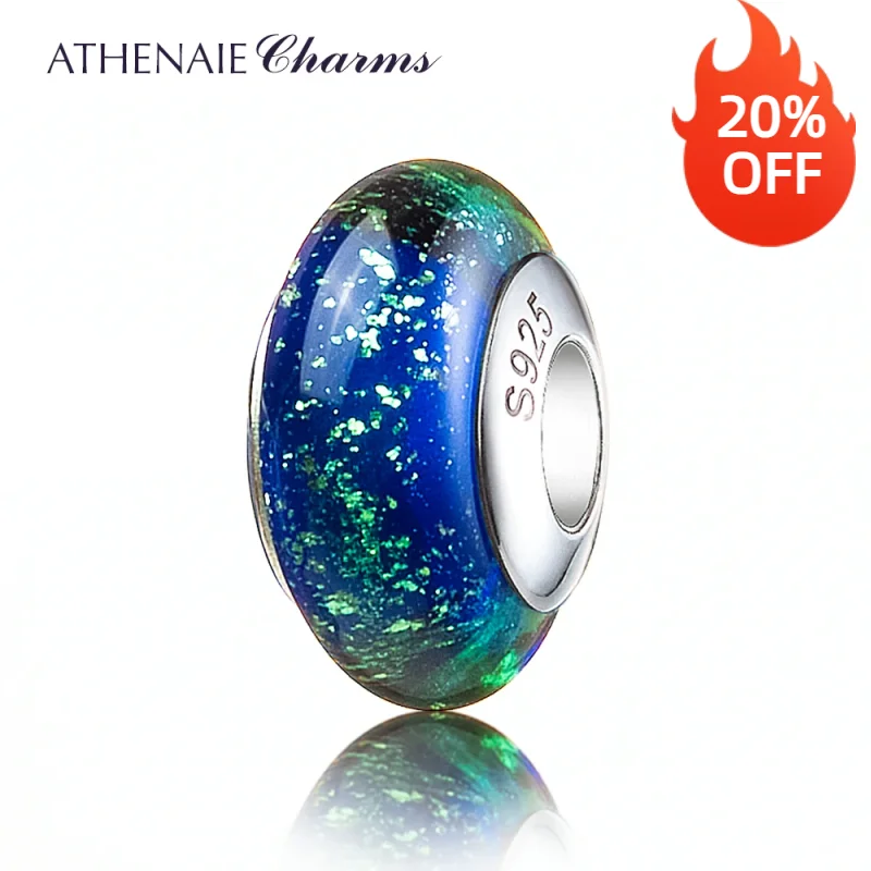 ATHENAIE Genuine Murano Glass 925 Silver Core Gold Sand Charms Bead Fit All European Bracelets Color Blue Gift For Christmas Day