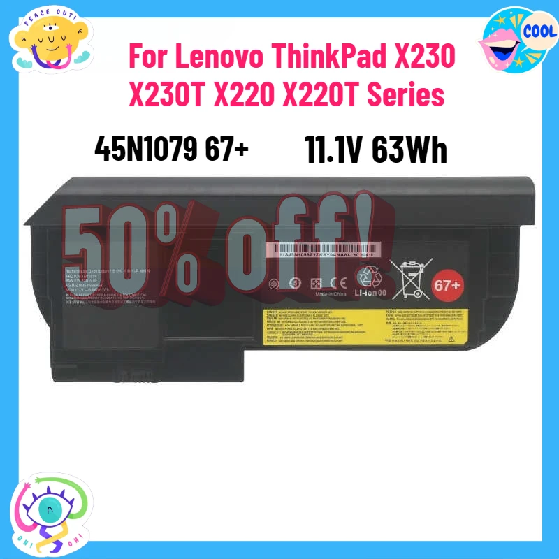 

11.1V 63Wh 45N1079 67+ Laptop Battery for Lenovo ThinkPad X230 X230T X220 X220T Series Tablet 0A36316 0A36317 45N1078