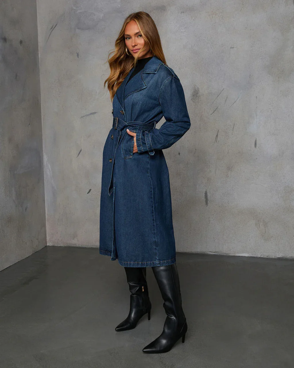 Denim Trench Coat Long Jacket for Women 2024 Autumn Temperament Outerwear Double Breasted Sashes Tight Waist Windbreaker