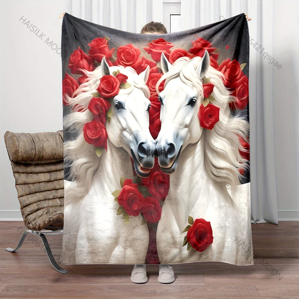 Two White Horses Surrounded By Roses Print Blanket Flannel Material Soft Warm for All Seasons Home Outdoor Camping Picnics