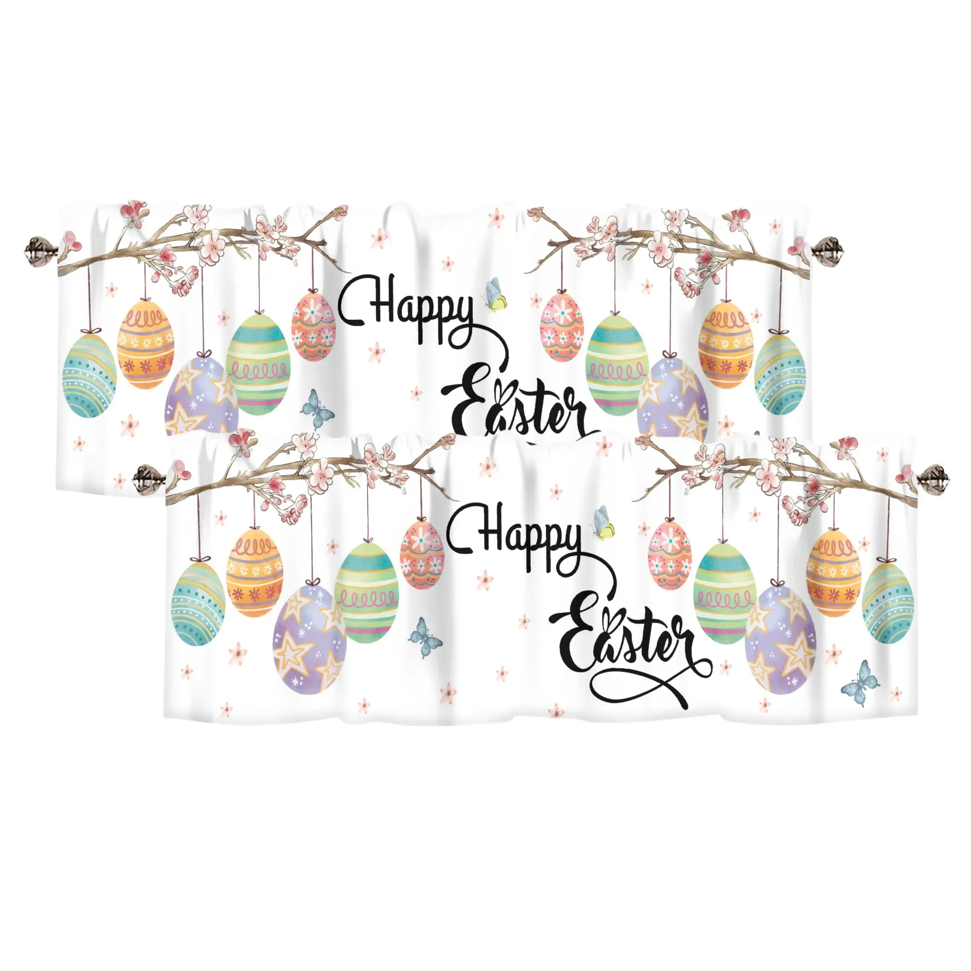 2 Piece Valance for Windows, Happy Easter Eggs Tree Branch Flowers Small Window Curtain Kitchen Bathroom Cafe Laundry Basement