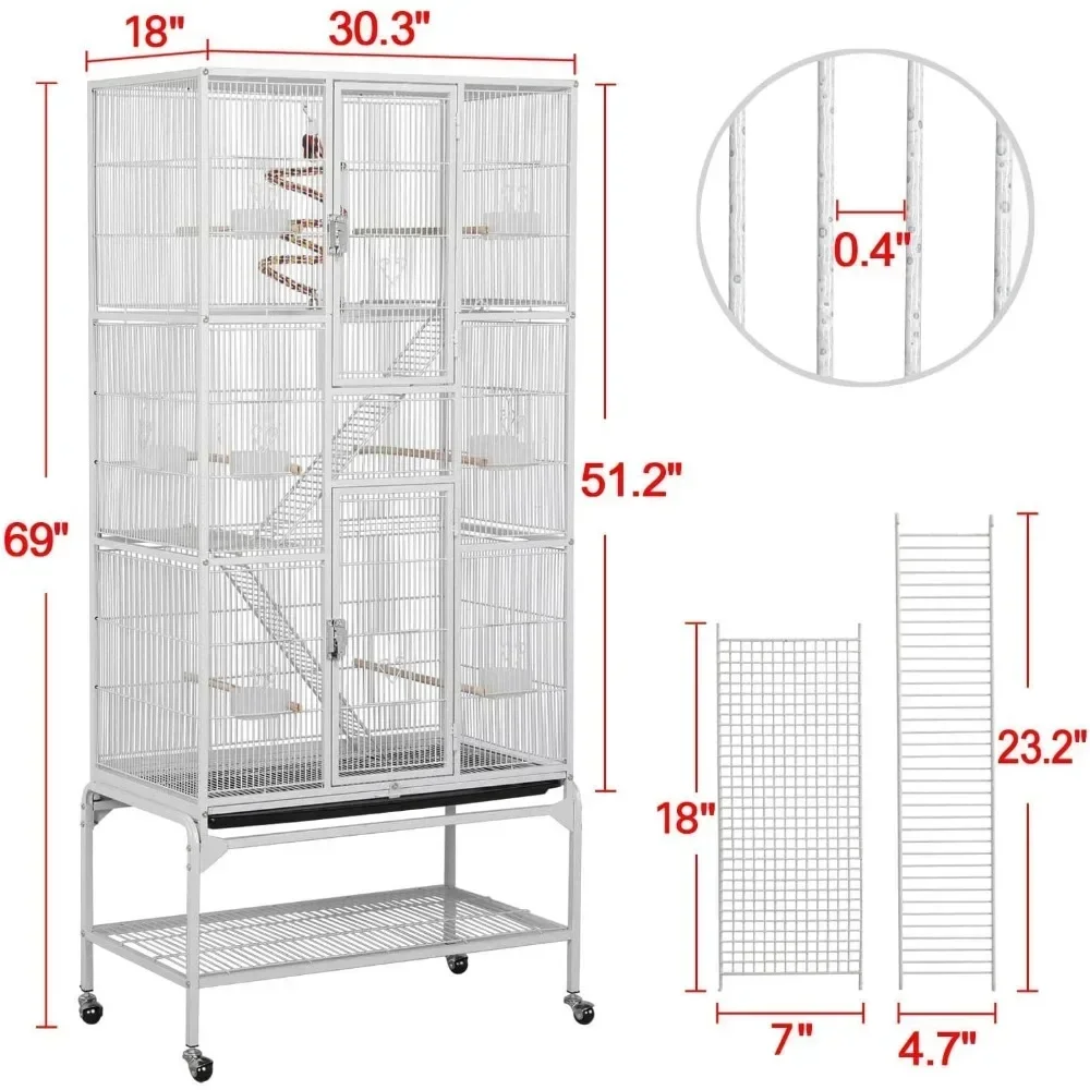 69'' Extra Large Bird Cage Metal Parrot Cage w/Detachable Stand for Mid-Sized Parrots Cockatiels Conures Budgie Finch, White