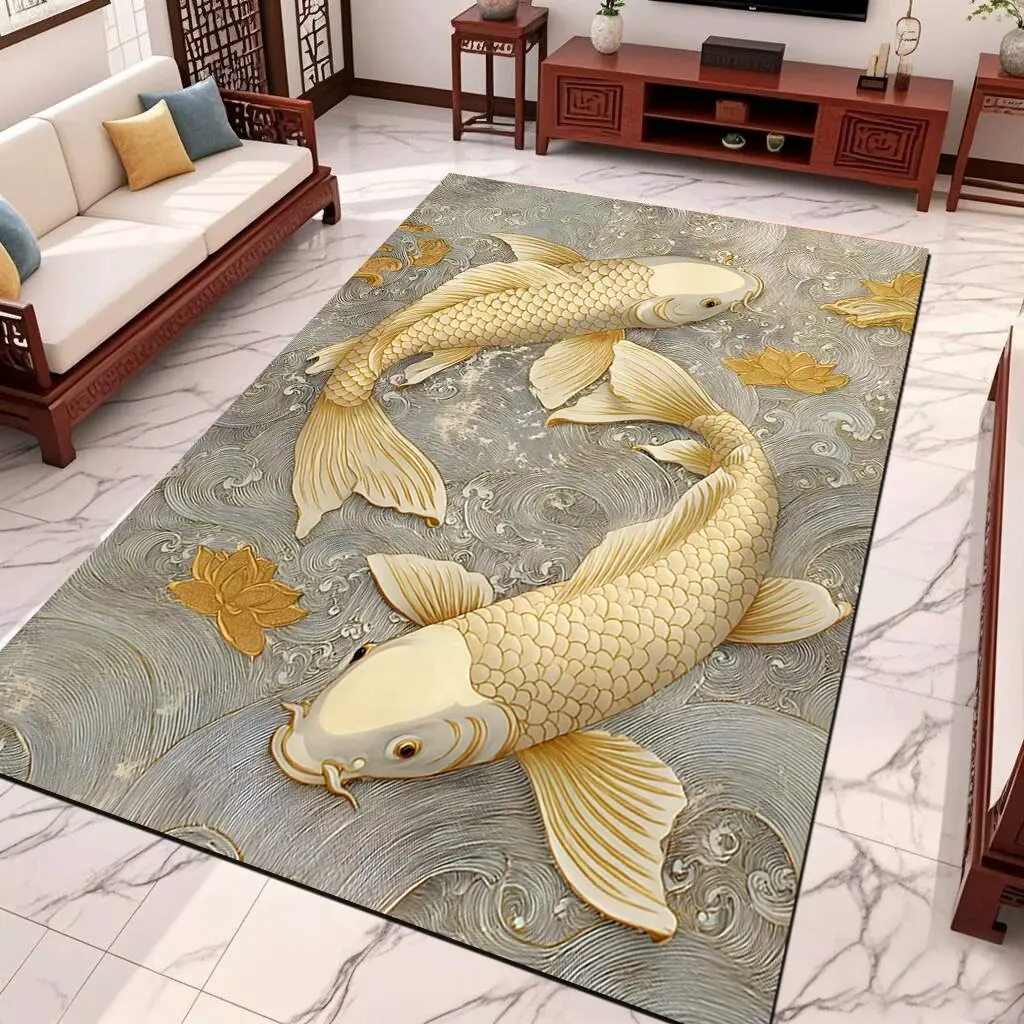 

3D великолепные золотые большие ковры с рыбой для украшения гостиной, домашний пушистый противоскользящий коврик, моющиеся коврики для спальни, гардероба
