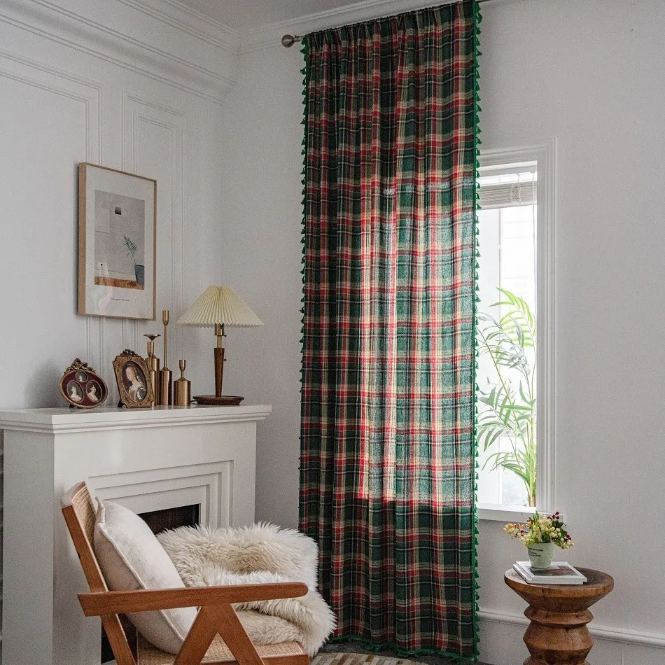 Curtains for Living Room Green Plaid Yarn-dyed American Finished Kitchen Bay Window Curtain Semi Blackout Cortinas Para La Sala