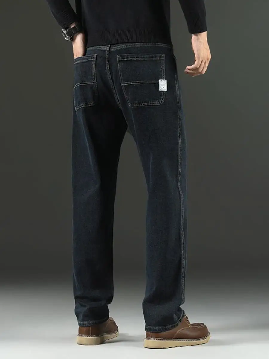 

High Waist Flared Straight Leg Men's Jeans Fleece Lined Loose Fit Casual Elastic Midlife Dad Pants Autumn Winter Style