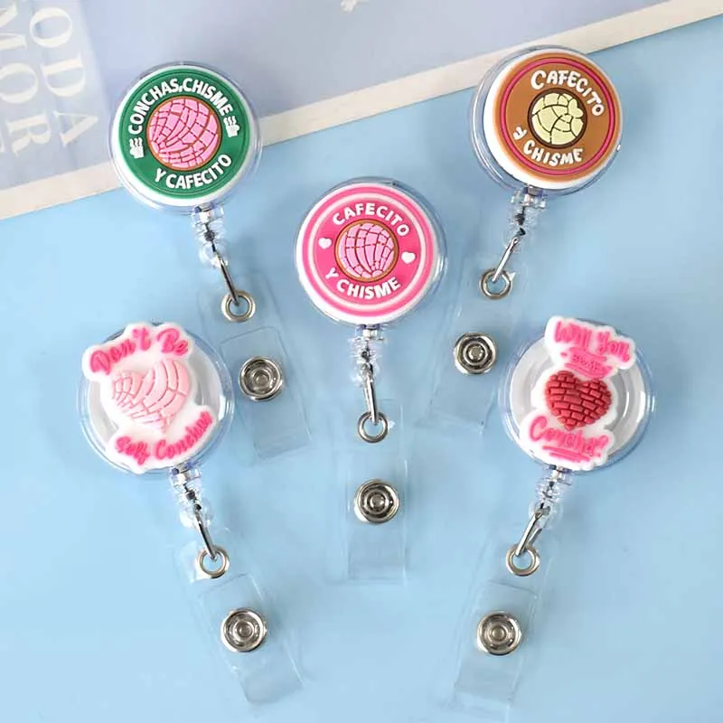 New Design 1 Piece Cute Concha Cafacito Retractable Nurse Badge Holder Pink Bread Students Name Card ID Holder Keys Lanyard