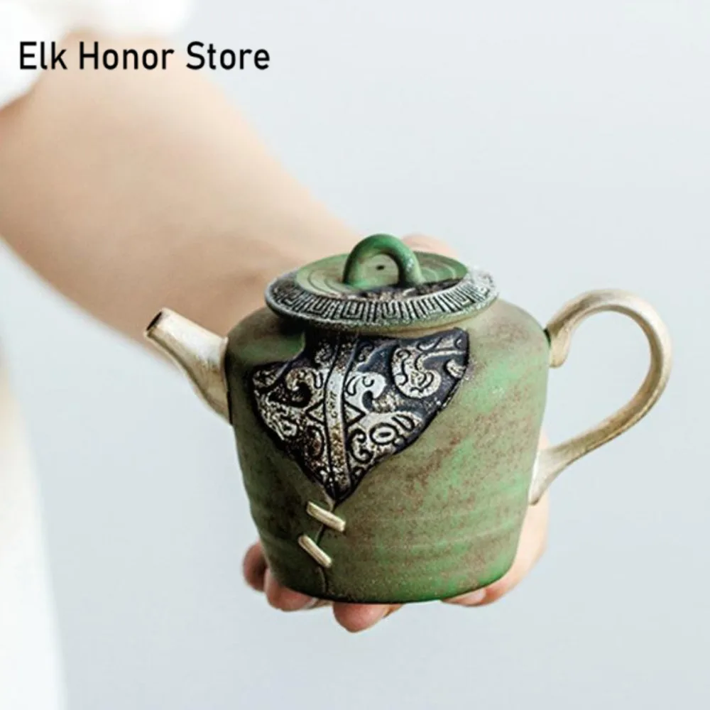 155ml Retro Old Rock Clay Teapot Light Green Embossed Taotie Pattern Pot Tea Brewing Kettle with Filter Tea Ceremony Collection