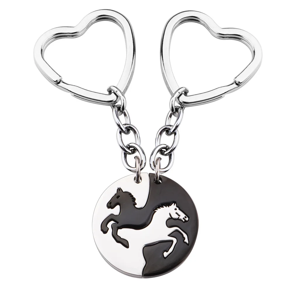 Heart-shaped Stainless Steel Car Key Chain Splicing Horse Circular Key Ring Key Chain Pendant Jewelry Yin Yang Horse 2023