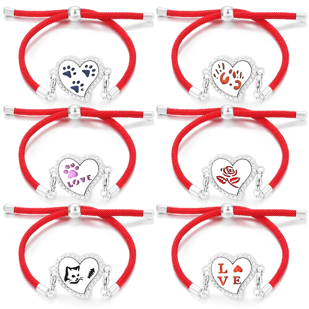Red Adjustable Rope Rhinestone Heart Shape Aromatherapy Diffuser Bangle Women Love Essential Oil Perfume Locket Bracelet Jewelry