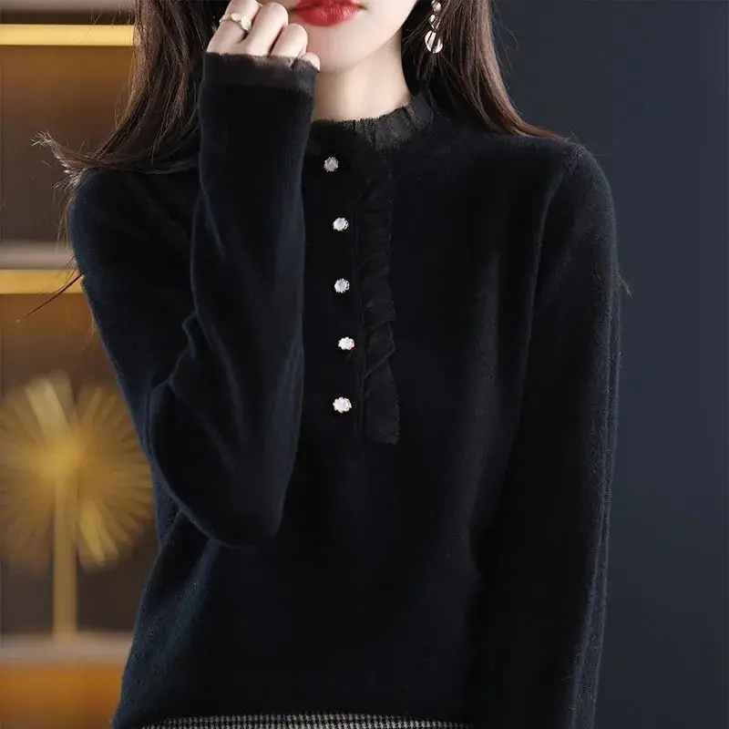 Women Autumn Winter Simplicity Loose Net Yarn Solid Color O-neck Long Sleeve Knitwear Ladies Casual All-match Knitting Tops