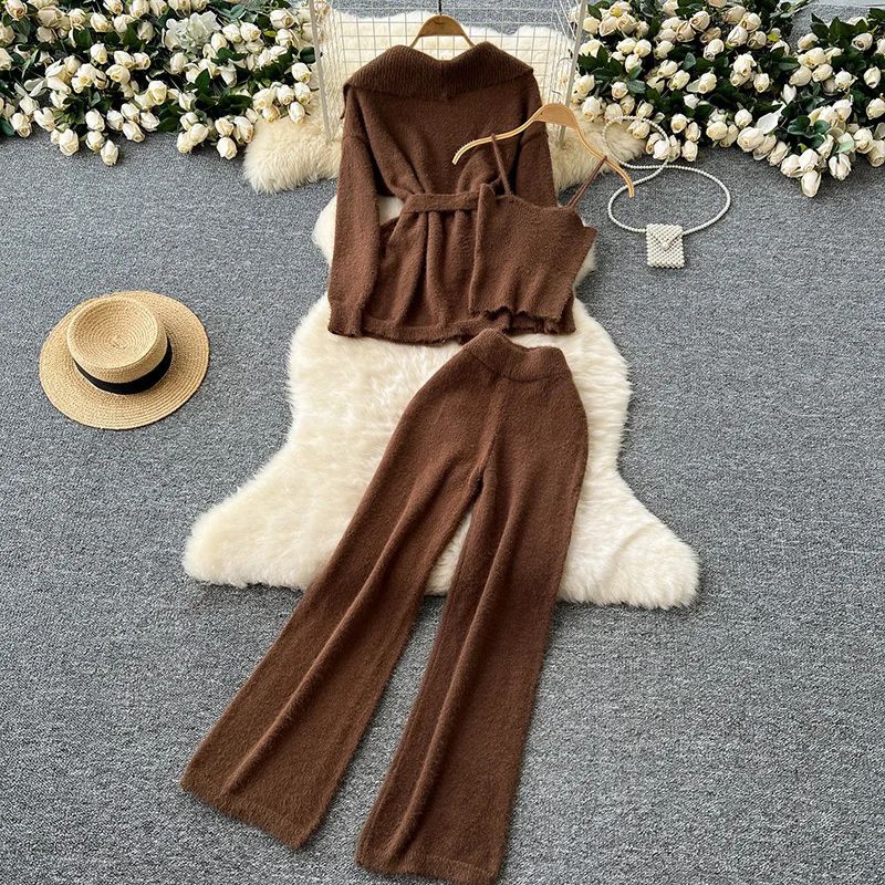 EWQ Simplicity 2024 Autumn New 3 Piece Sets Lapel Collar Long Sleeve Belt Coat＋Solid Camis＋high Waist Loose Pant 27X1185