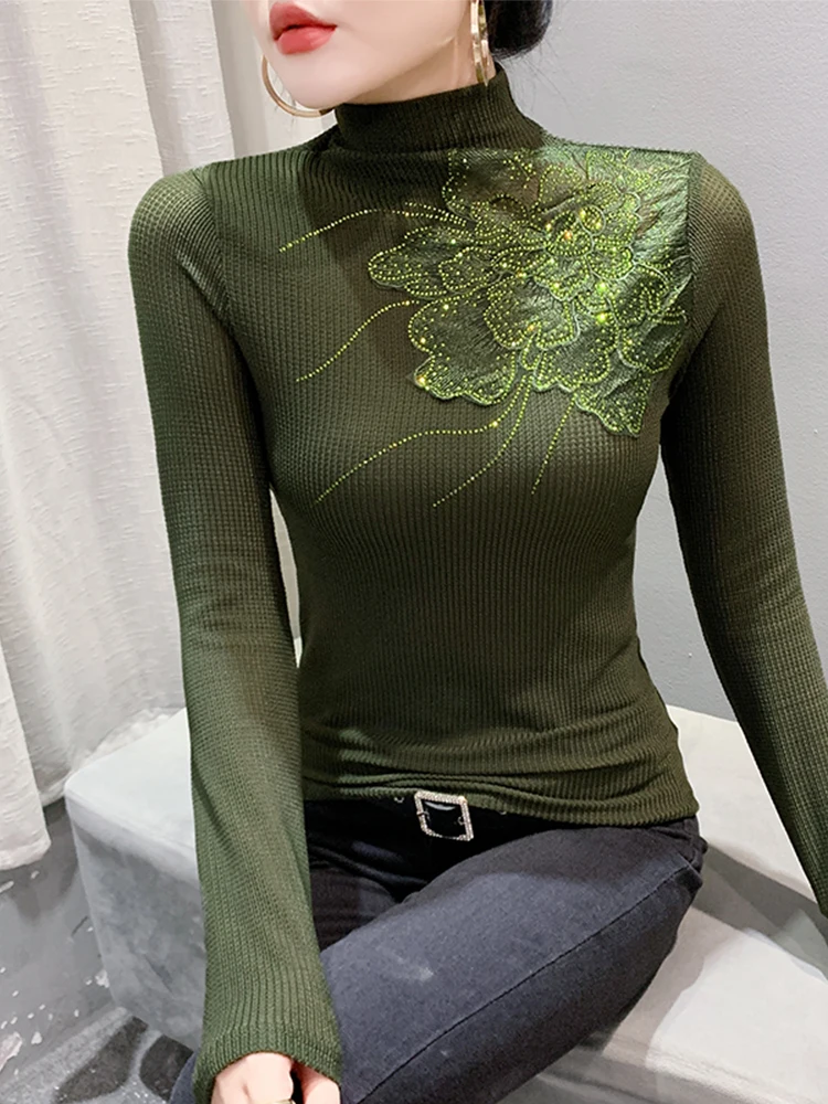 

Faionable Embroidered High Collar Slim Fit Base irt Women's Sle Inner Wear T-irt Small irt Korean Version Winter Se...