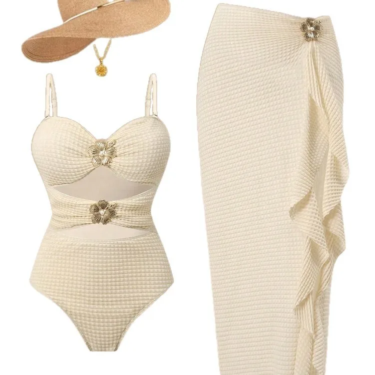 Women Swimsuit Tummy Control Swimwear Floral Print Bathing Suit Cut Out Waist Swimsuit Beige Cream High Waisted Woman Tankini