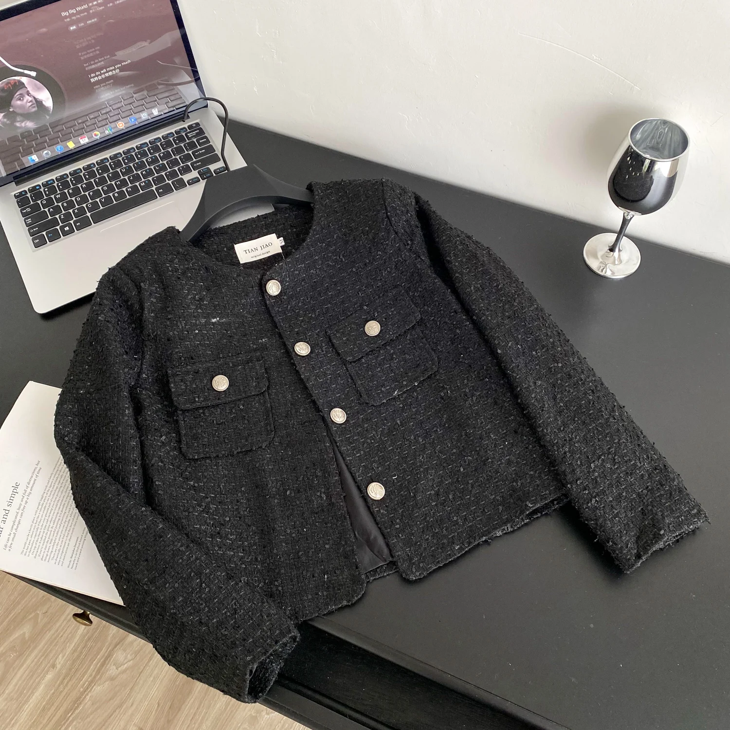 معطف مزاجه قفل معدني أنيق للنساء لخريف وشتاء جديد على الطراز الفرنسي سترات واحدة الصدر بجيوب ورقبة دائرية #3