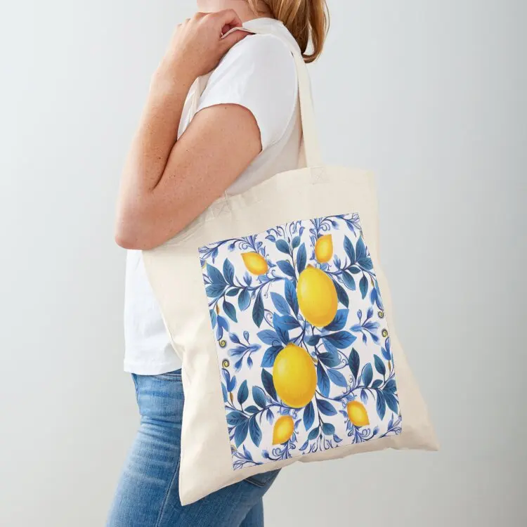 Mediterranean Lemons Azulejo Pattern Tote Bag canvas tote bag Custom bag cute tote Lady bags