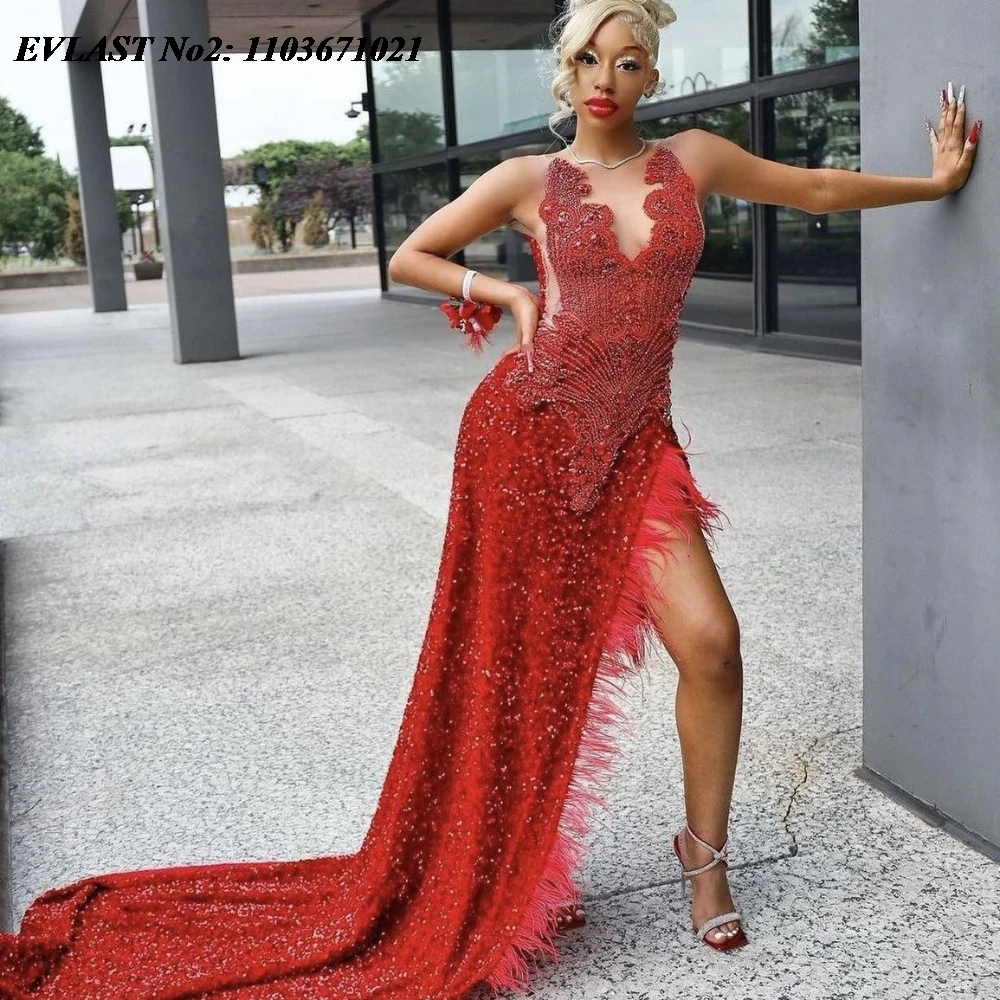 EVLAST Customized Red Sequin Crystal Rhinestones Mermaid Prom Dresses 2025 Black Girls Dress High Slit Party Evening Gowns E2P66