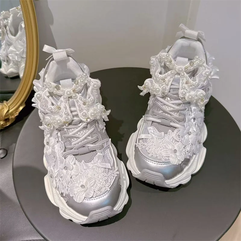 

Heavy pearl lace rhinestone thick bottom leisure custom silver low-top lace-up comfortable sports women's shoes 35-39